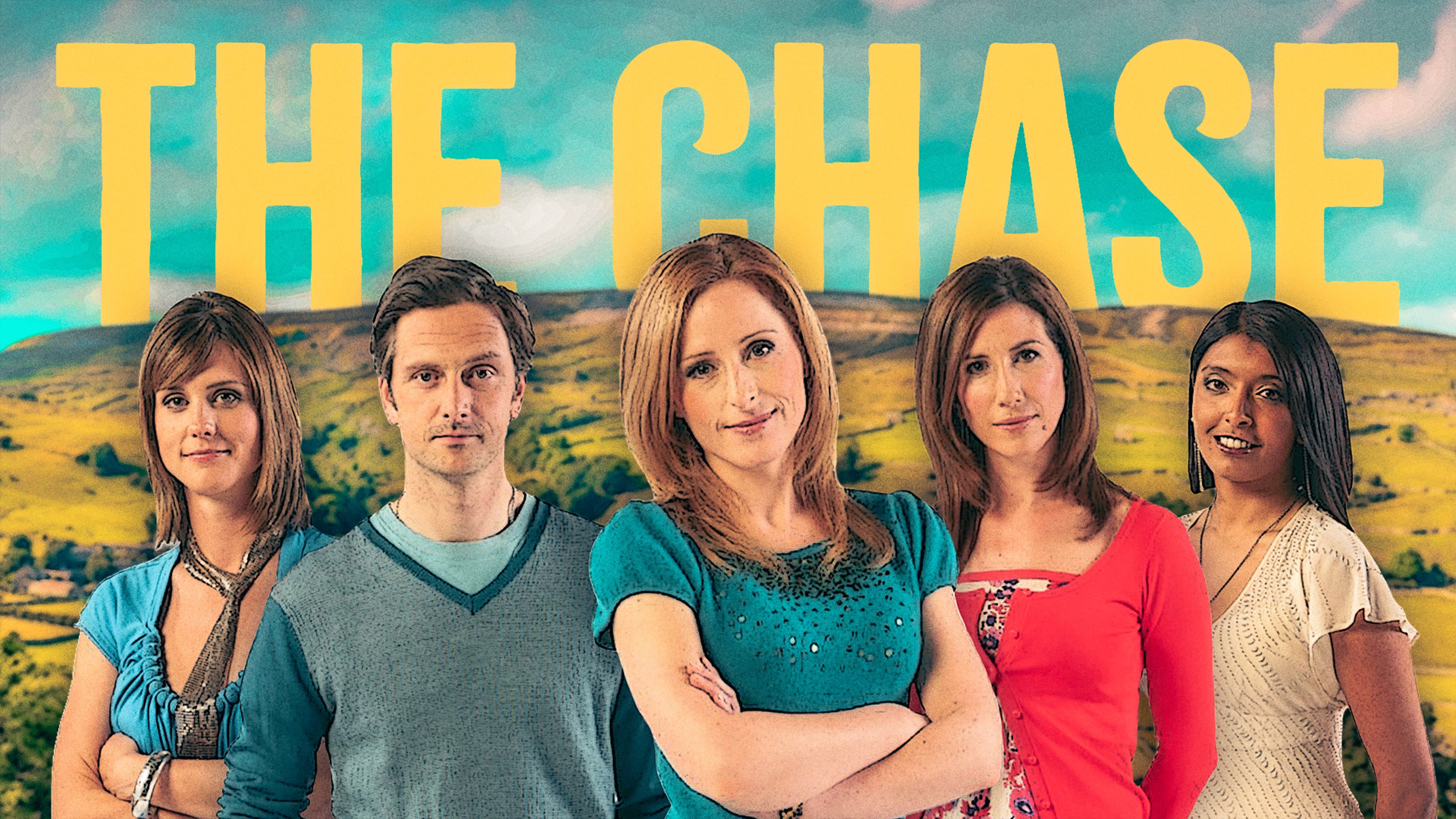 Promotional image for The Chase, featuring five cast members standing in front of a countryside backdrop with the programme title displayed prominently above.